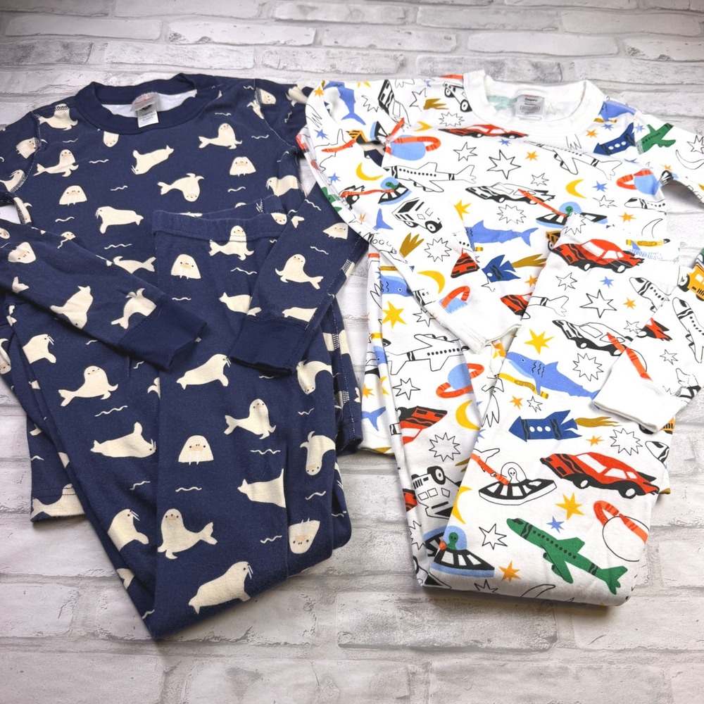 Hanna Andersson Pajama Set Lot 2 Kids 130 cm US 8 Blue White Cotton PJs